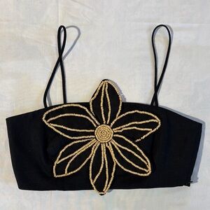 Zara Black and Tan Beaded Flower Crop Top